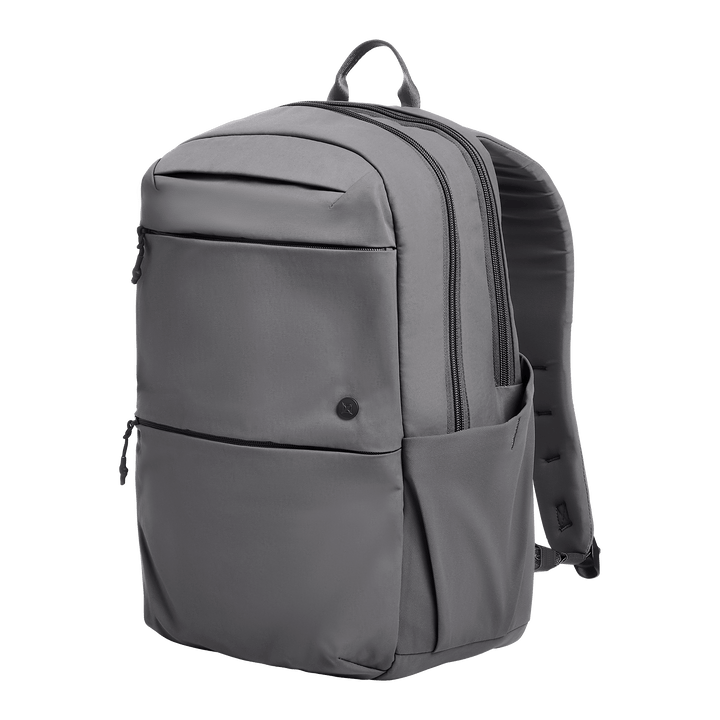 The Vertx Any Day Backpack by Vertx is a gray EDC bag featuring multiple zippered compartments, a front pocket, two side pockets, and a top handle, shown against a plain white background.