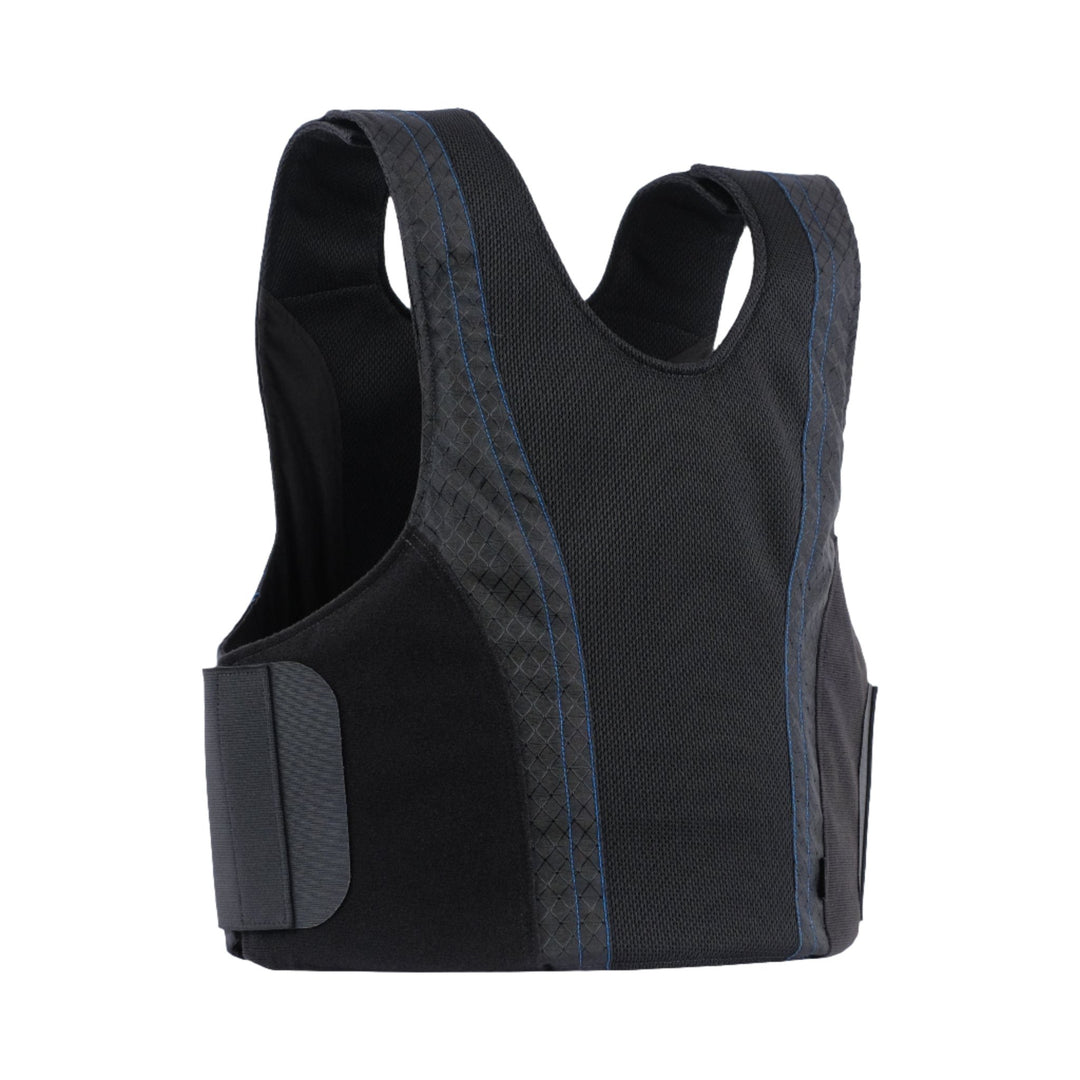 The Premier Body Armor Tactical and Concealable Vest Bundle is a black tactical vest with blue accents, featuring a sleek design with mesh panels for breathability, padded shoulders for comfort, and adjustable straps on the sides for a secure fit. This concealable armor vest offers Level IIIA ballistic protection for optimal safety.