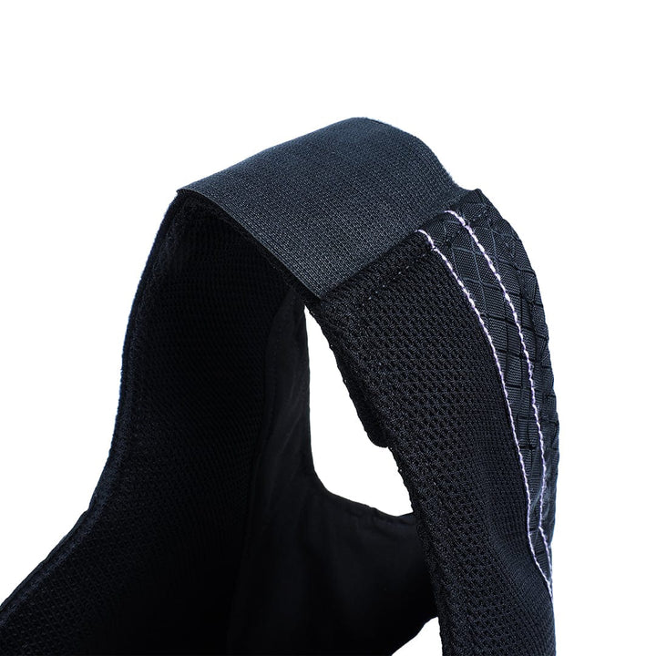 Close-up image of a black fabric strap with white stitching on the edge. The breathable mesh material appears to be part of a Premier Body Armor Female Concealable Armor Vest - Carrier Only, with an elastic band securing it at the top.