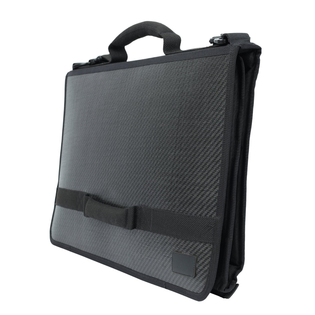The Premier Body Armor Ballistic Briefcase, featuring a textured black surface, carrying handle, and adjustable strap, is shown upright on a white background—perfect for private security or executive protection.