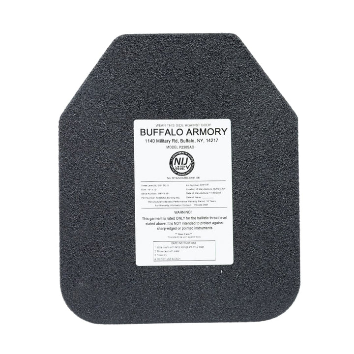 The Premier Body Armor Buffalo Armory STAR Multi-Curve Level III+ Plate is a black, rectangular steel armor plate with a sloped top edge and a front label displaying specifications, warnings, and manufacturing details.