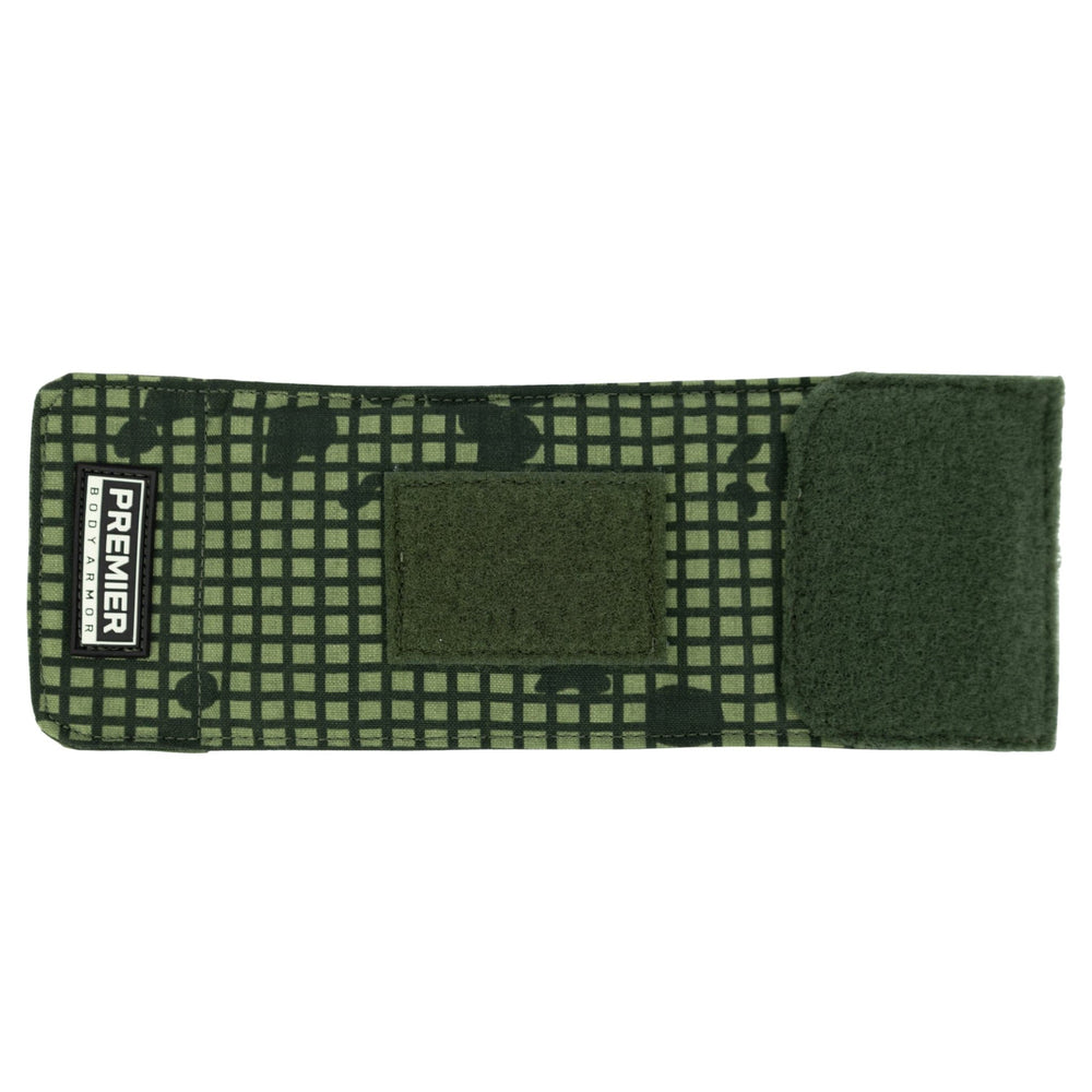 A green rectangular pouch with Desert Night Camo, Velcro closure, and a Premier Body Armor label on the left. The blank center patch is ideal for showcasing your Bulletproof Can Cooler - Limited Edition 2026 at SHOT Show 2026.