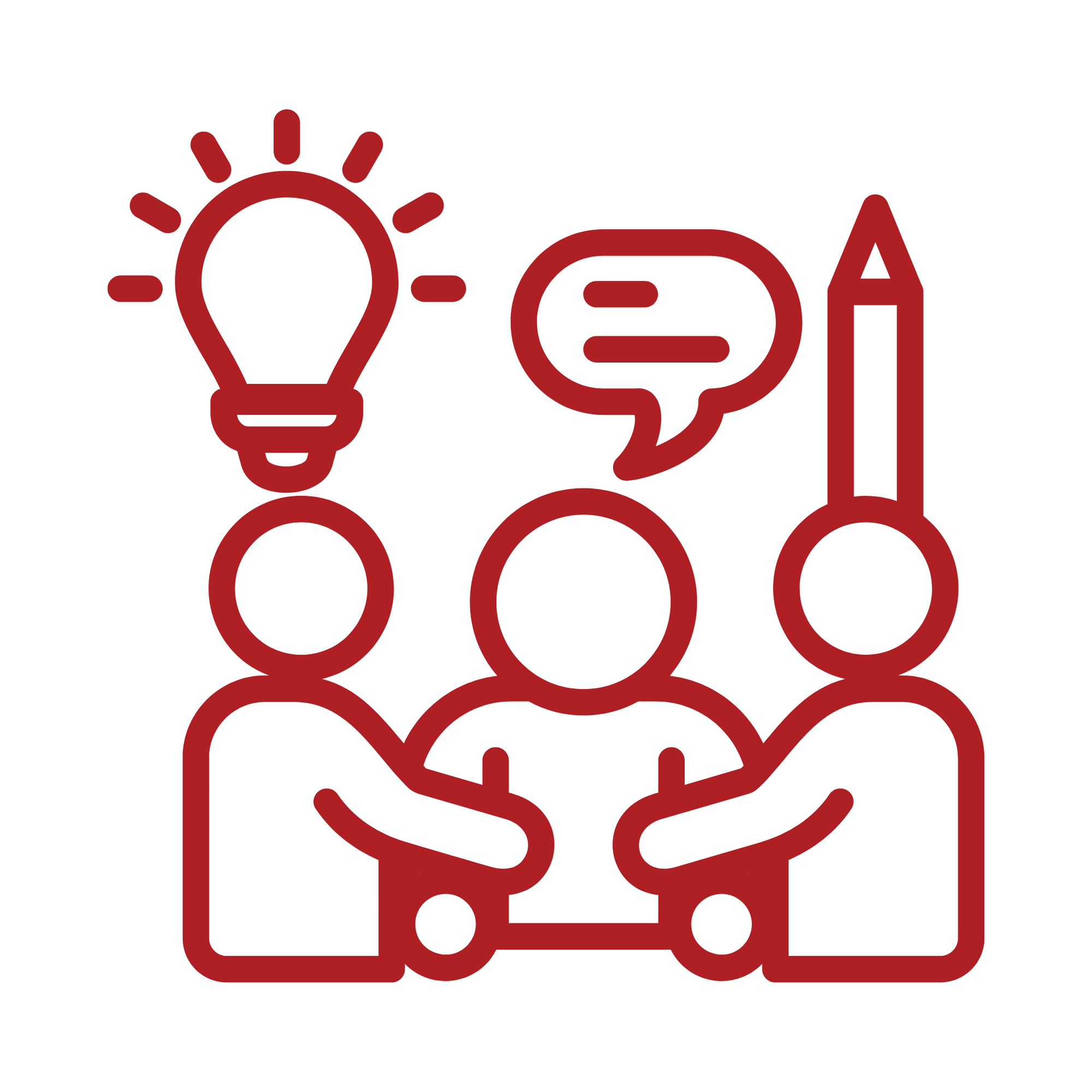 A red icon showing three people having a discussion. One person has a light bulb above their head, another has a speech bubble, and the third has a pencil.