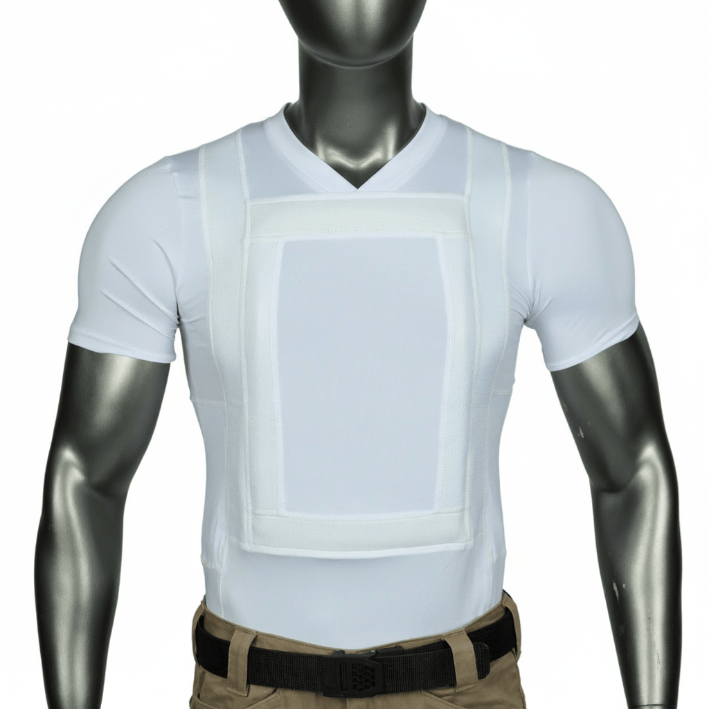 A mannequin wears the Premier Body Armor Everyday Armor T-shirt 360 Core, a white, short-sleeve V-neck with a rectangular chest panel for concealed body armor, tucked into tan pants and accessorized with a black belt.