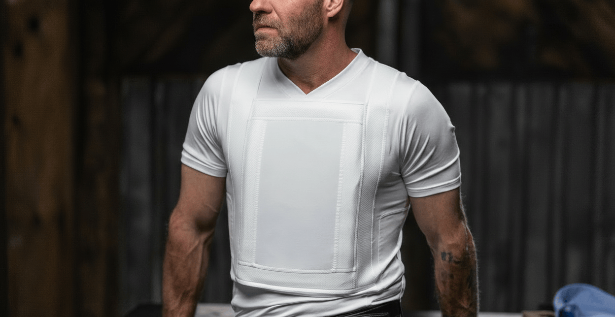 Man wearing a white v-neck t-shirt and black pants in a dimly lit room.