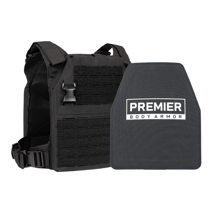 The Fortis Level IV Loadout by Premier Body Armor—a black tactical vest with adjustable straps and a standalone Level IV plate—rests on a white background, forming an essential tactical bundle.