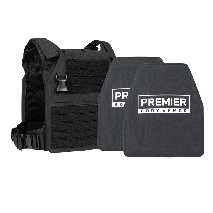 The Premier Body Armor Fortis Level IV Loadout is shown: a black tactical vest beside two Level IV plates, all on a white background, displaying the complete bundle.