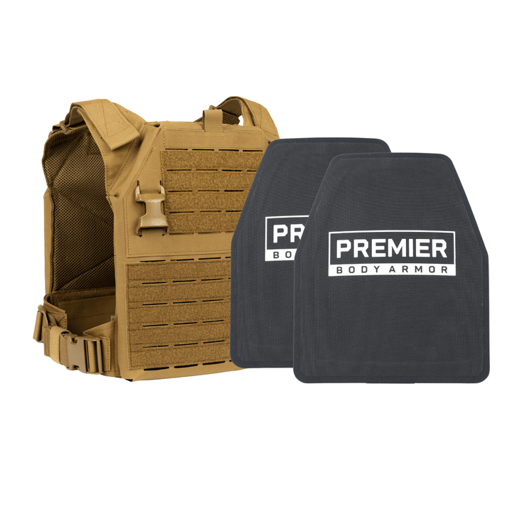The Premier Body Armor Fortis Level IV Loadout is displayed, featuring a tan tactical carrier with multiple straps alongside two black Level IV plates marked "PREMIER BODY ARMOR"—offering a robust and reliable tactical bundle.