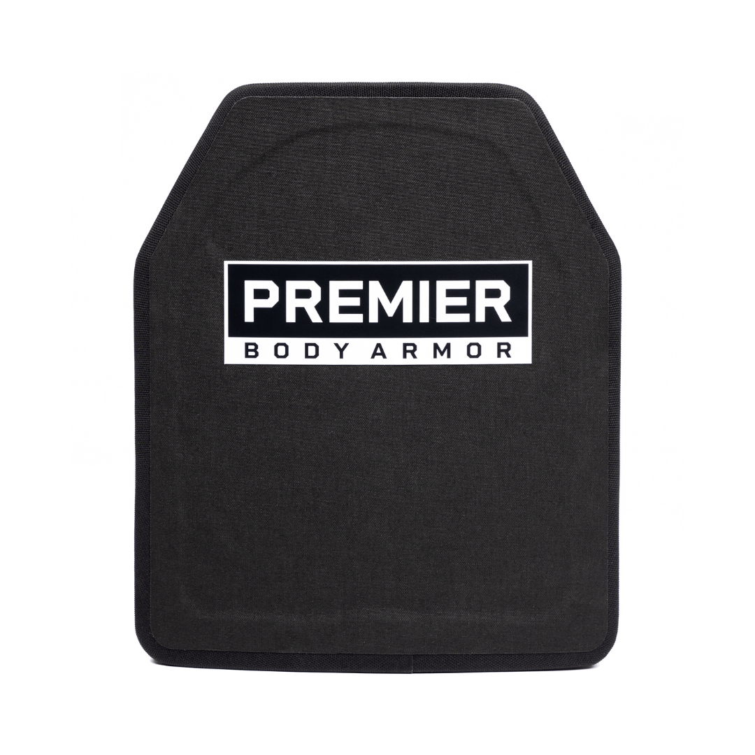 A rectangular black Fortis Patrol Level III+ plate by Premier Body Armor, featuring slightly angled top corners and a front white label with bold black "PREMIER BODY ARMOR" text, is shown against a plain white background. NIJ Certified.
