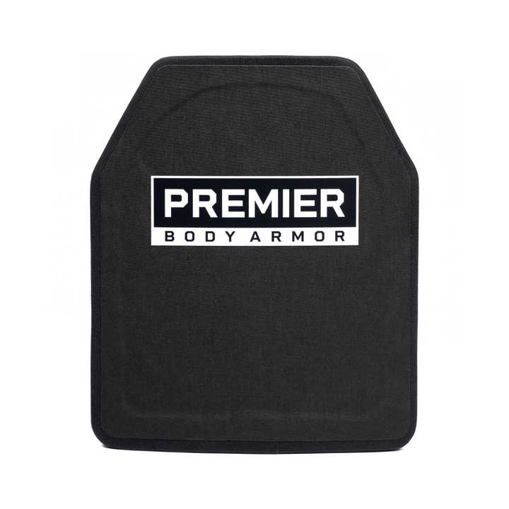 A rectangular black Fortis Patrol Level III+ plate by Premier Body Armor, featuring slightly angled top corners and a front white label with bold black "PREMIER BODY ARMOR" text, is shown against a plain white background. NIJ Certified.