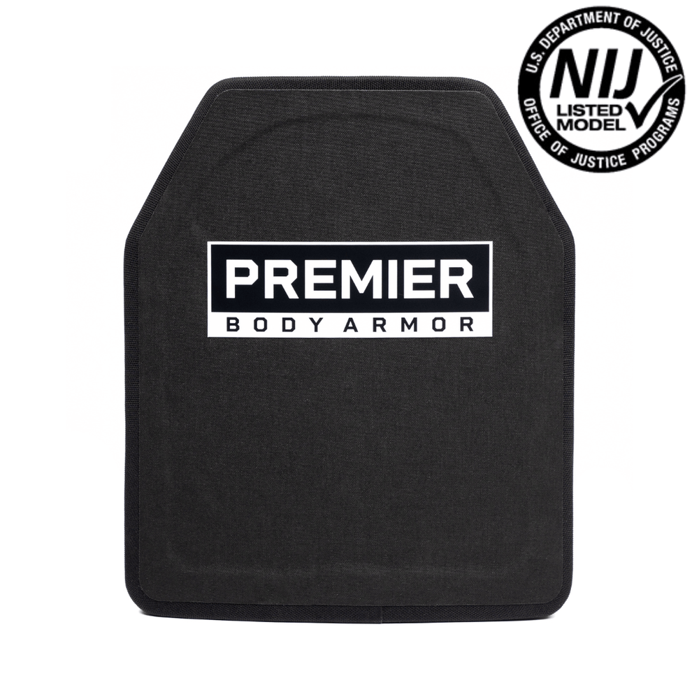 The Fortis Patrol Level III+ is a black rectangular body armor plate from Premier Body Armor with "PREMIER BODY ARMOR" on the front and a circular "NIJ Listed Model" seal at the top right for trusted ballistic protection.