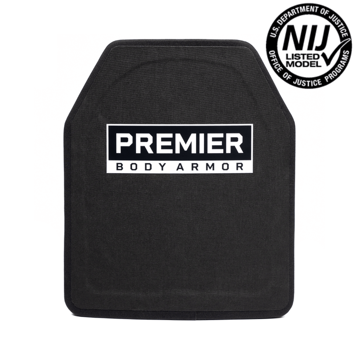 The Fortis Patrol Level III+ is a black rectangular body armor plate from Premier Body Armor with "PREMIER BODY ARMOR" on the front and a circular "NIJ Listed Model" seal at the top right for trusted ballistic protection.
