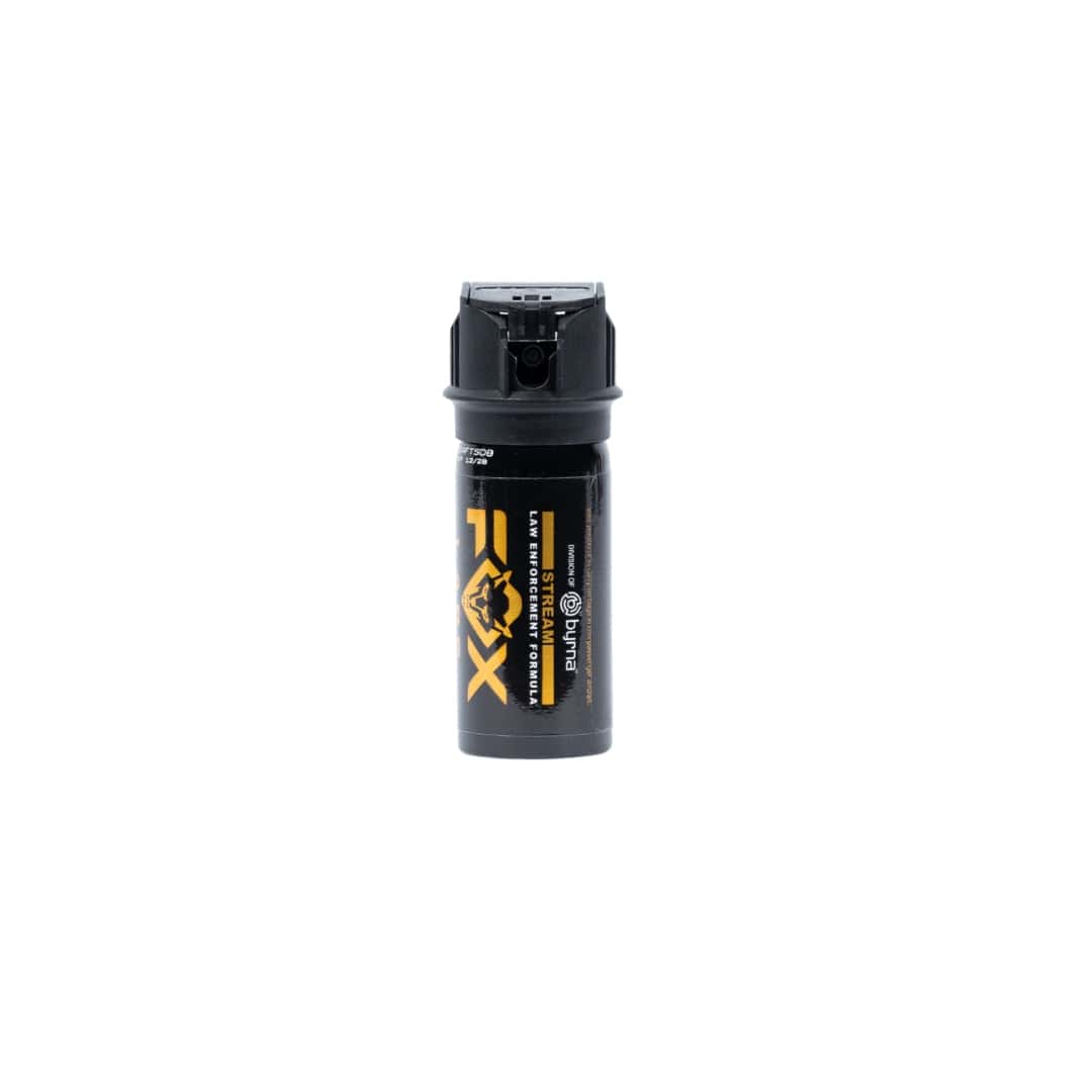 A 1.5oz black canister of Fox Labs One Point Four pepper spray labeled “Fox Labs” with yellow and white text, shown upright against a plain white background.