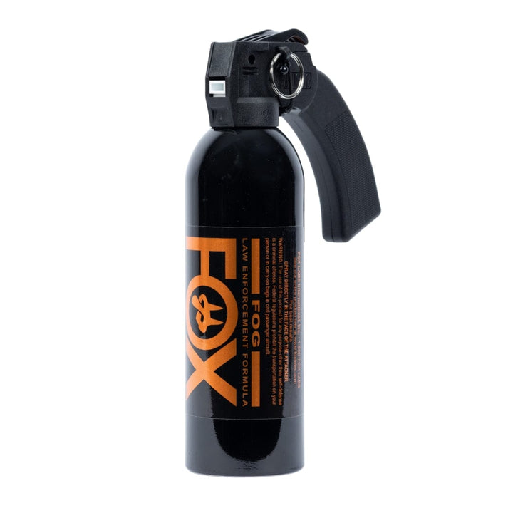 The Fox Labs One Point Four 16oz Pistol Grip Pepper Spray features a black canister with an orange "FOX" label and a large black handle, designed for law enforcement use.
