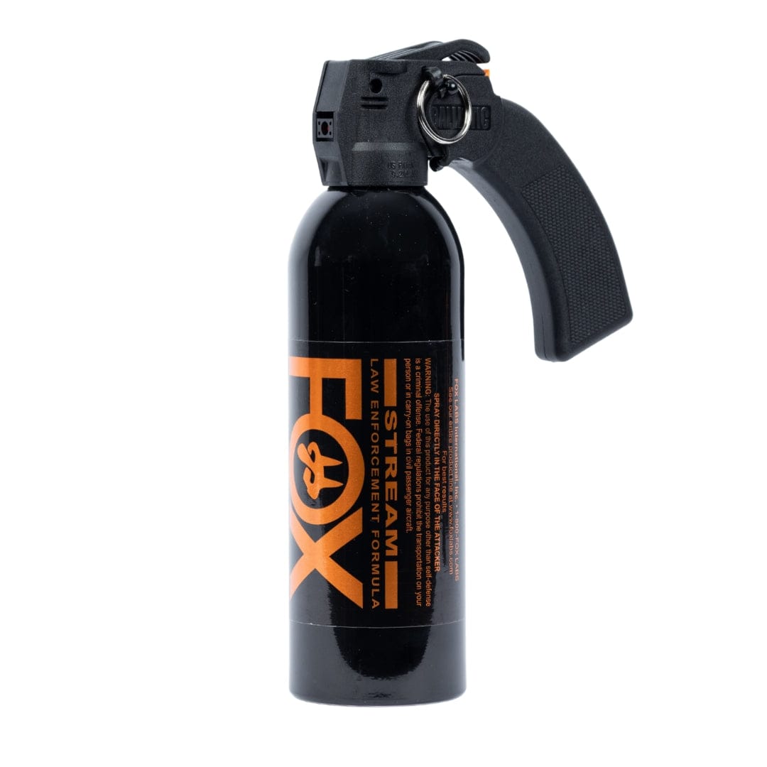A Fox Labs One Point Four 16oz Pistol Grip Pepper Spray canister, black with an orange label and a large black plastic pistol grip handle.