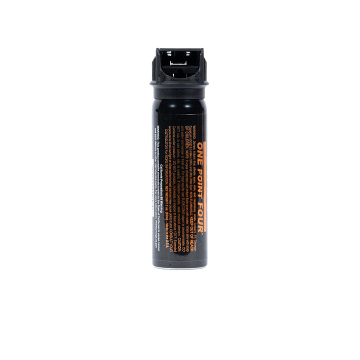The Fox Labs One Point Four 3oz Pepper Spray, a black canister with orange text and closed cap, stands upright against a white background. Police strength with safety instructions printed on the container.