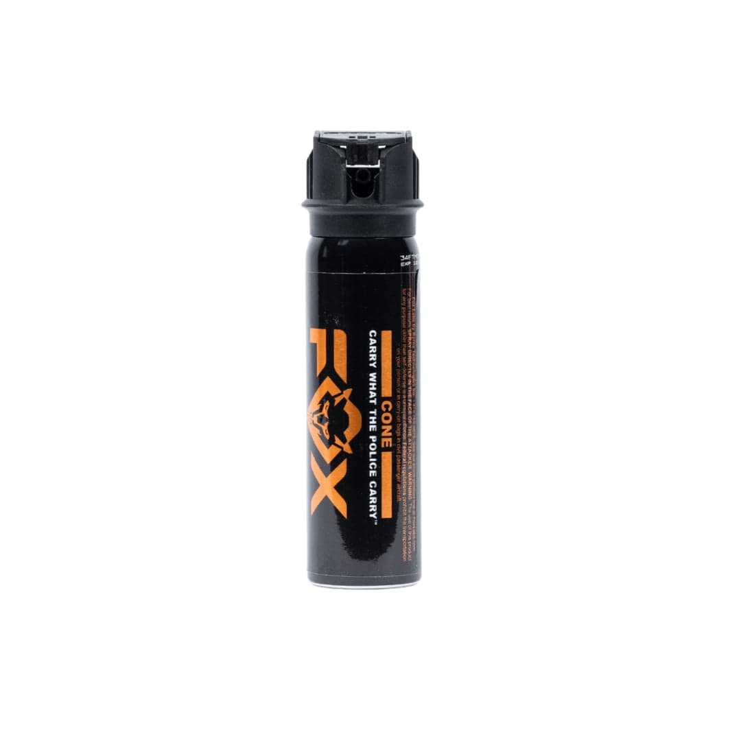 A black canister of Fox Labs One Point Four 3oz Pepper Spray with a black cap and orange "FOX" branding is shown against a plain white background.