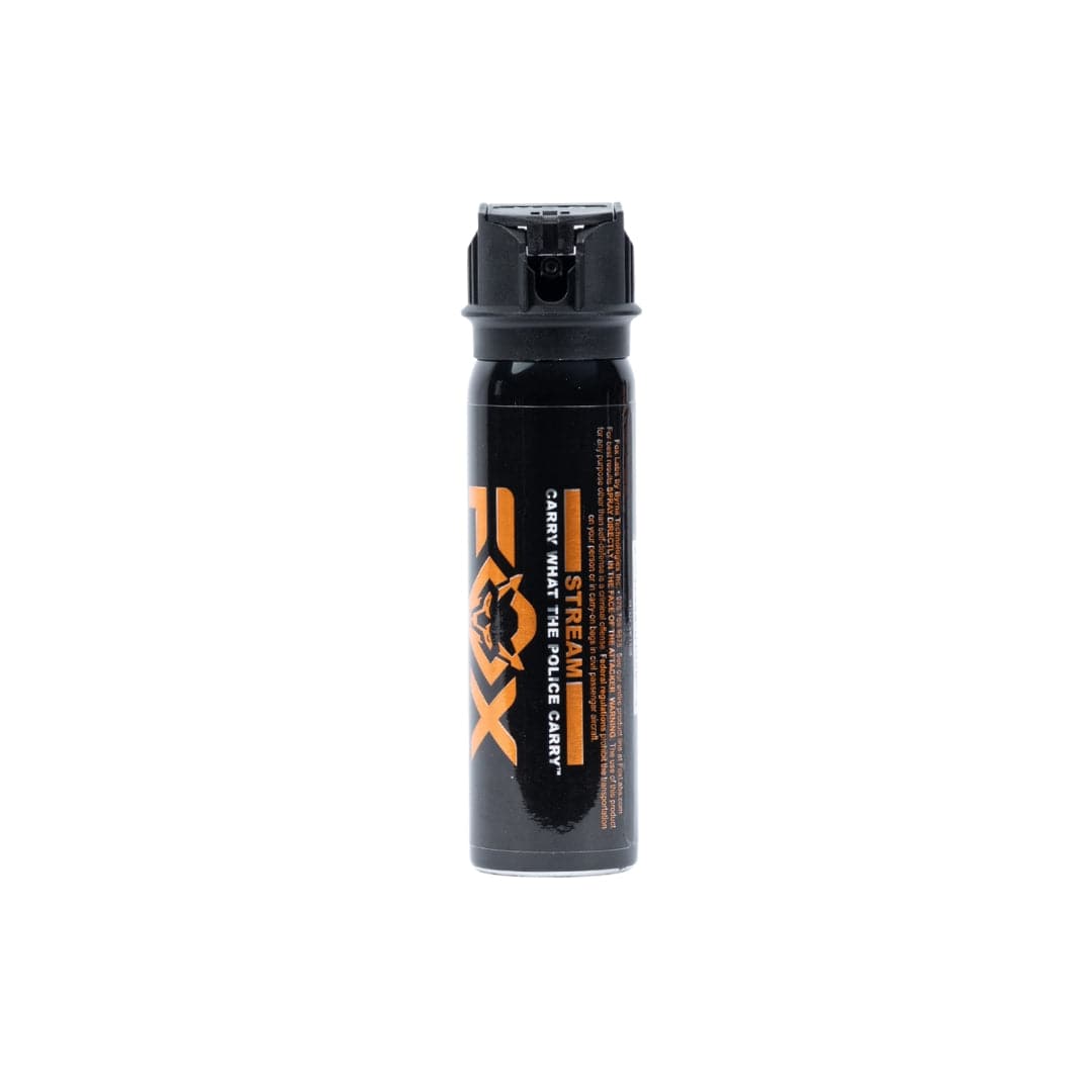 A Fox Labs One Point Four 3oz Pepper Spray canister, featuring black casing with orange and white labeling, stands upright on a white background.