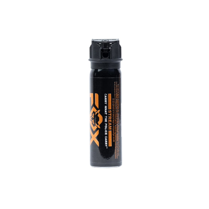 A Fox Labs One Point Four 3oz Pepper Spray canister, featuring black casing with orange and white labeling, stands upright on a white background.