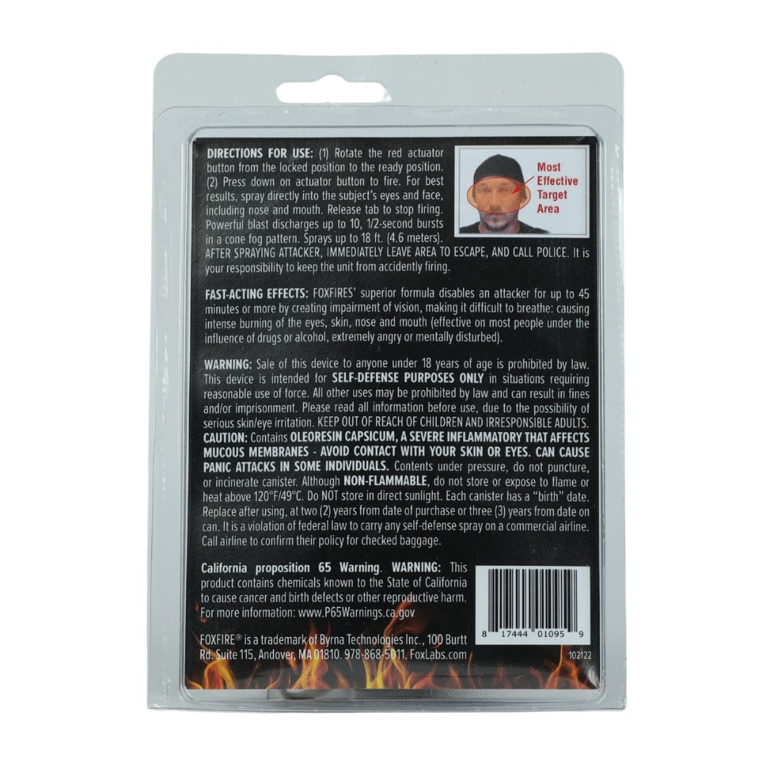 Back of a Fox Labs FoxFire Inferno Twin Pack shows usage directions, fast-acting effects, warnings, and a photo of the best target area. Information is displayed on a white background.