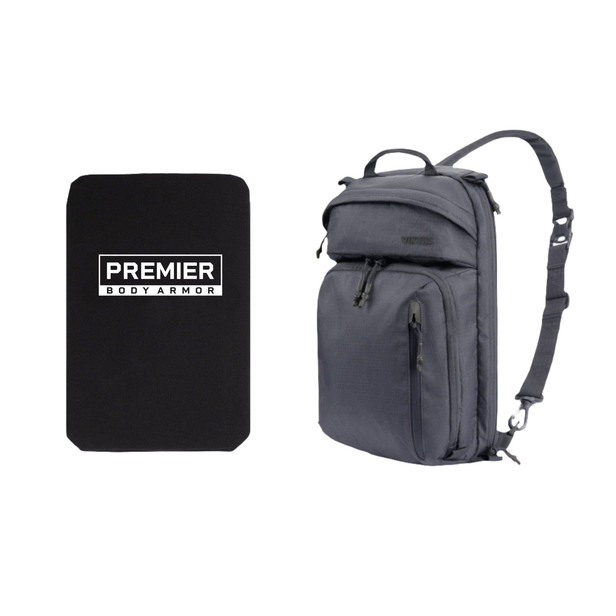 The image shows a black rectangular body armor plate with the text “PREMIER BODY ARMOR” next to a gray Viktos Upscale XL backpack, which features multiple compartments including a padded laptop compartment and adjustable straps, available as part of the Armored Viktos Upscale XL Bundle from Viktos/Premier.