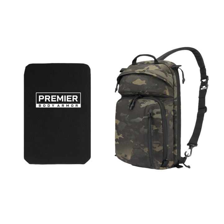 An image depicting a black rectangular plate labeled "Premier Body Armor" on the left, and a camouflage-patterned Armored Viktos Upscale XL Backpack on the right. The backpack, which meets ballistic standards, features multiple compartments including a CCW compartment and adjustable padded straps.