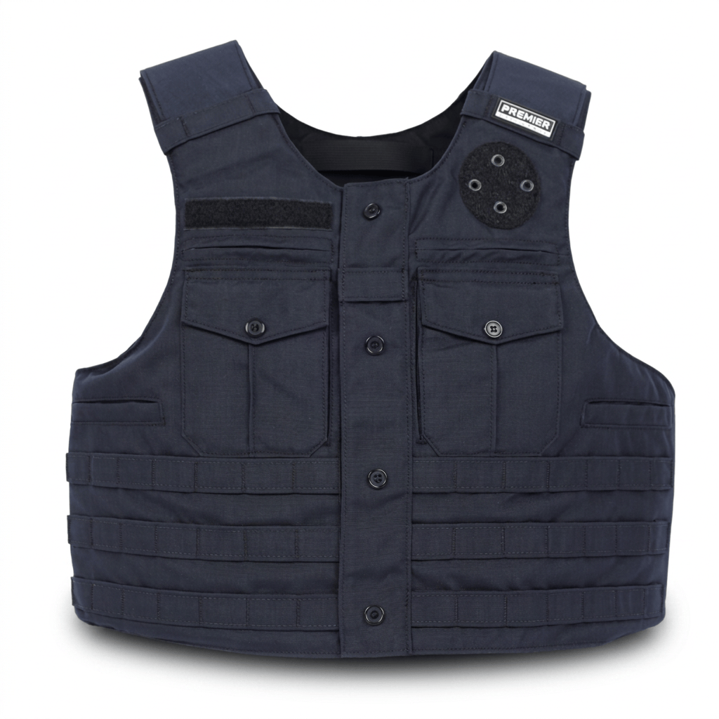 A dark navy tactical vest with front button closure, two chest flap pockets, MOLLE webbing on the lower front, a black velcro patch on the left chest, and a circular black attachment point on the right shoulder.