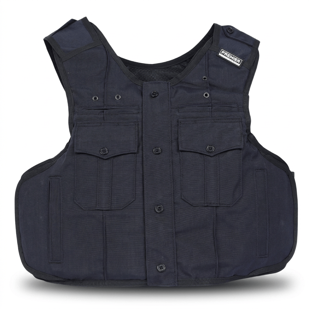 A black “Patrol India” tactical vest by Premier Body Armor, featuring multiple front pockets, button closures, and a shoulder patch with the “Premier Body Armor” brand name. Designed for versatility, this vest includes plate pockets for added protection and is shown laid flat against a white background.