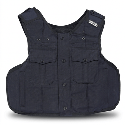 A black “Patrol India” tactical vest by Premier Body Armor, featuring multiple front pockets, button closures, and a shoulder patch with the “Premier Body Armor” brand name. Designed for versatility, this vest includes plate pockets for added protection and is shown laid flat against a white background.