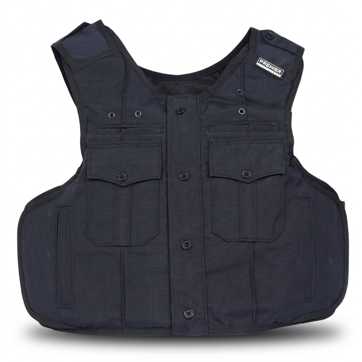 A black “Patrol India” tactical vest by Premier Body Armor, featuring multiple front pockets, button closures, and a shoulder patch with the “Premier Body Armor” brand name. Designed for versatility, this vest includes plate pockets for added protection and is shown laid flat against a white background.