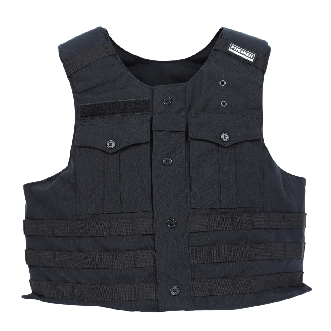 The Premier Body Armor Patrol Bravo is a black tactical vest featuring multiple front pockets, button closures, horizontal webbing straps, and a small "PREMIER" patch on the right shoulder, laid flat on a white background.