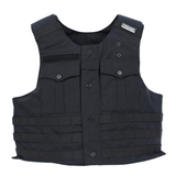 The Premier Body Armor Patrol Bravo is a black tactical vest featuring multiple front pockets, button closures, horizontal webbing straps, and a small "PREMIER" patch on the right shoulder, laid flat on a white background.