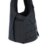 A close-up of the Premier Body Armor Patrol Bravo vest shows its black elastic side panel and three rows of horizontal webbing, designed for a comfortable fit with Level IIIA soft armor.