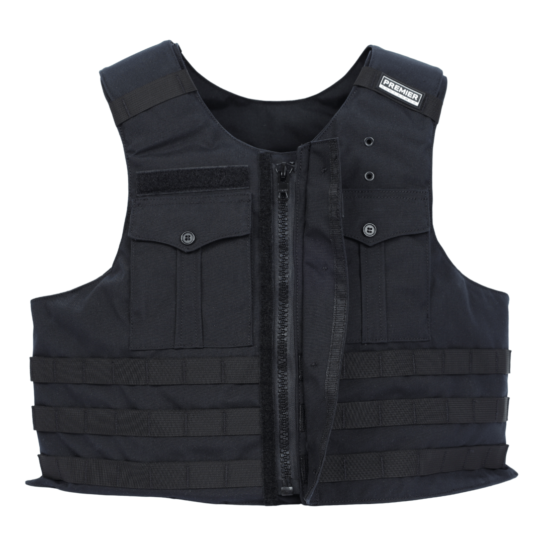 The Premier Body Armor Patrol Bravo is a black tactical overt patrol vest with a front zipper, two buttoned front pockets, several horizontal loops on the lower front, plate scalability, and a "Premier" label on the right shoulder.