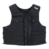 The Premier Body Armor Patrol Bravo is a black tactical overt patrol vest with a front zipper, two buttoned front pockets, several horizontal loops on the lower front, plate scalability, and a "Premier" label on the right shoulder.