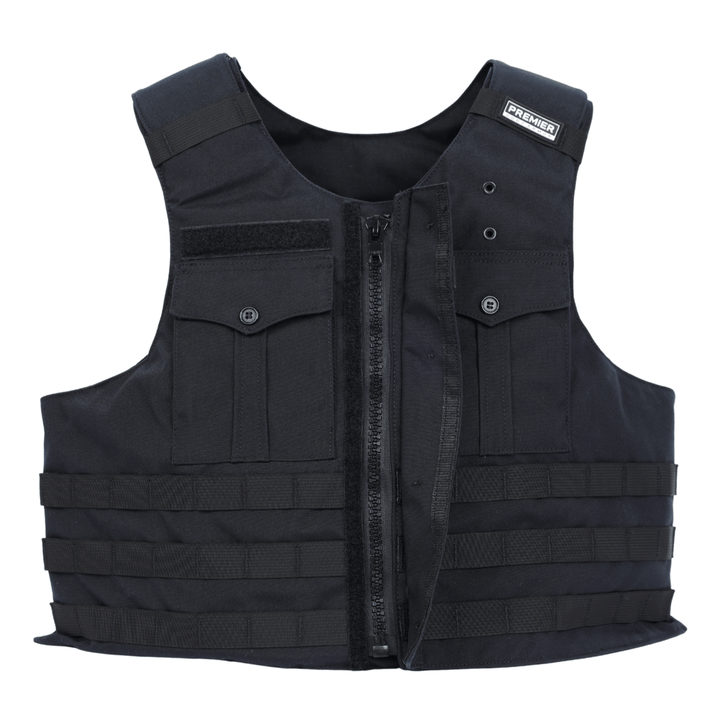 The Premier Body Armor Patrol Bravo is a black tactical overt patrol vest with a front zipper, two buttoned front pockets, several horizontal loops on the lower front, plate scalability, and a "Premier" label on the right shoulder.