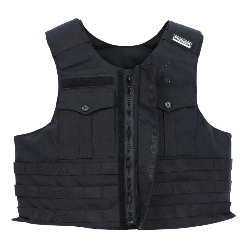 The Premier Body Armor Patrol Bravo is a black tactical overt patrol vest with a front zipper, two buttoned front pockets, several horizontal loops on the lower front, plate scalability, and a "Premier" label on the right shoulder.