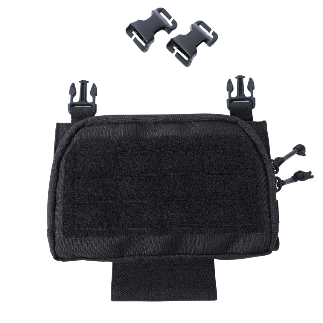 The Premier Body Armor Fortis Pro Placard (556/39) in black features front Velcro, MOLLE webbing, two top buckles, and two extra plastic buckles for secure Kydex mag retention, displayed on a white background.
