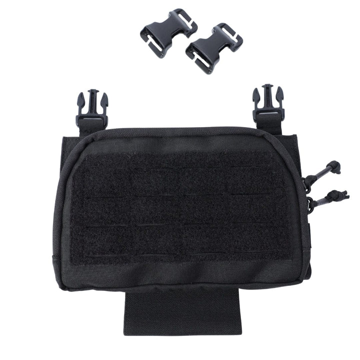 The Premier Body Armor Fortis Pro Placard (556/39) in black features front Velcro, MOLLE webbing, two top buckles, and two extra plastic buckles for secure Kydex mag retention, displayed on a white background.