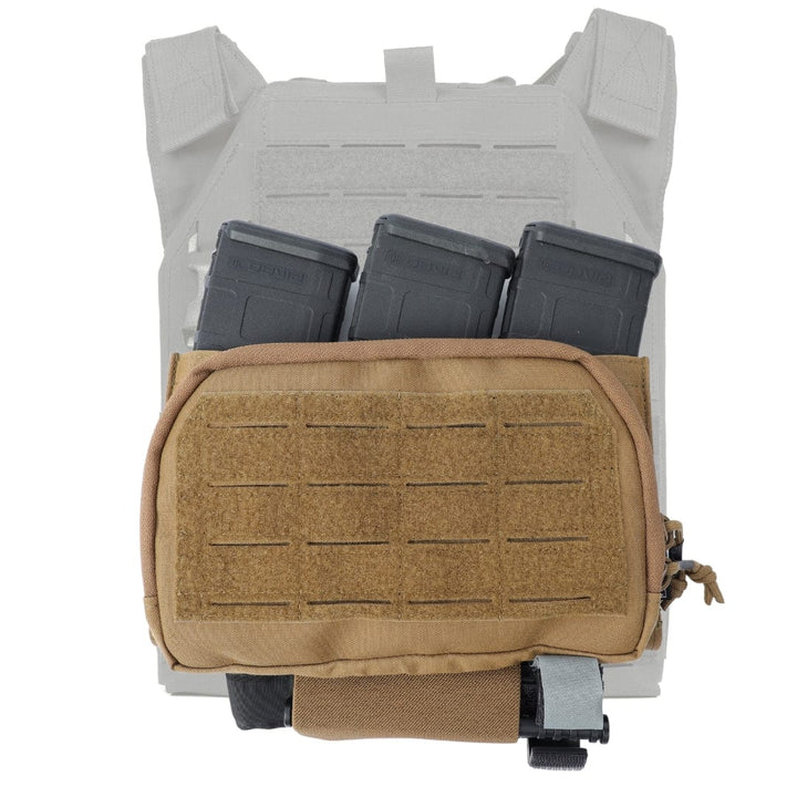 A tan Premier Body Armor Fortis Pro Placard (556/39) is attached to the front of a light gray plate carrier, carrying three black rifle magazines in Kydex slots and another item secured at the bottom right of the pouch.