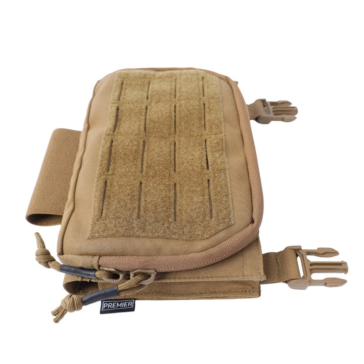 A tan Fortis Pro Placard (556/39) by Premier Body Armor features MOLLE webbing, Velcro panel, zippers, two side-release buckles, and a "Premier" tag—serving as an AR-15 mag pouch—shown on a white background.