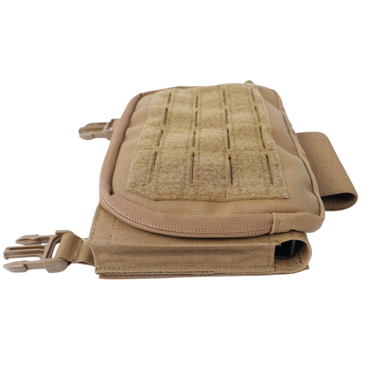 The Premier Body Armor Fortis Pro Placard (556/39), a tan AR-15 magazine pouch with MOLLE webbing, two plastic buckles, and a zippered compartment, lies flat on a white background.