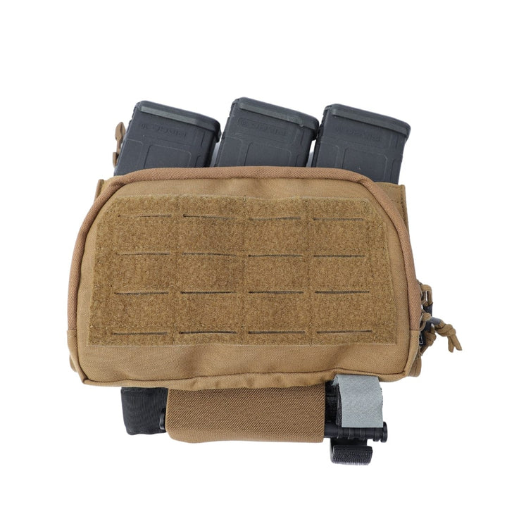 The Premier Body Armor Fortis Pro Placard (556/39) is a tan tactical AR-15 mag pouch with a laser-cut grid, hook-and-loop panel, Kydex retention, zipper closure, bottom strap, and clip; holds three black rifle magazines.
