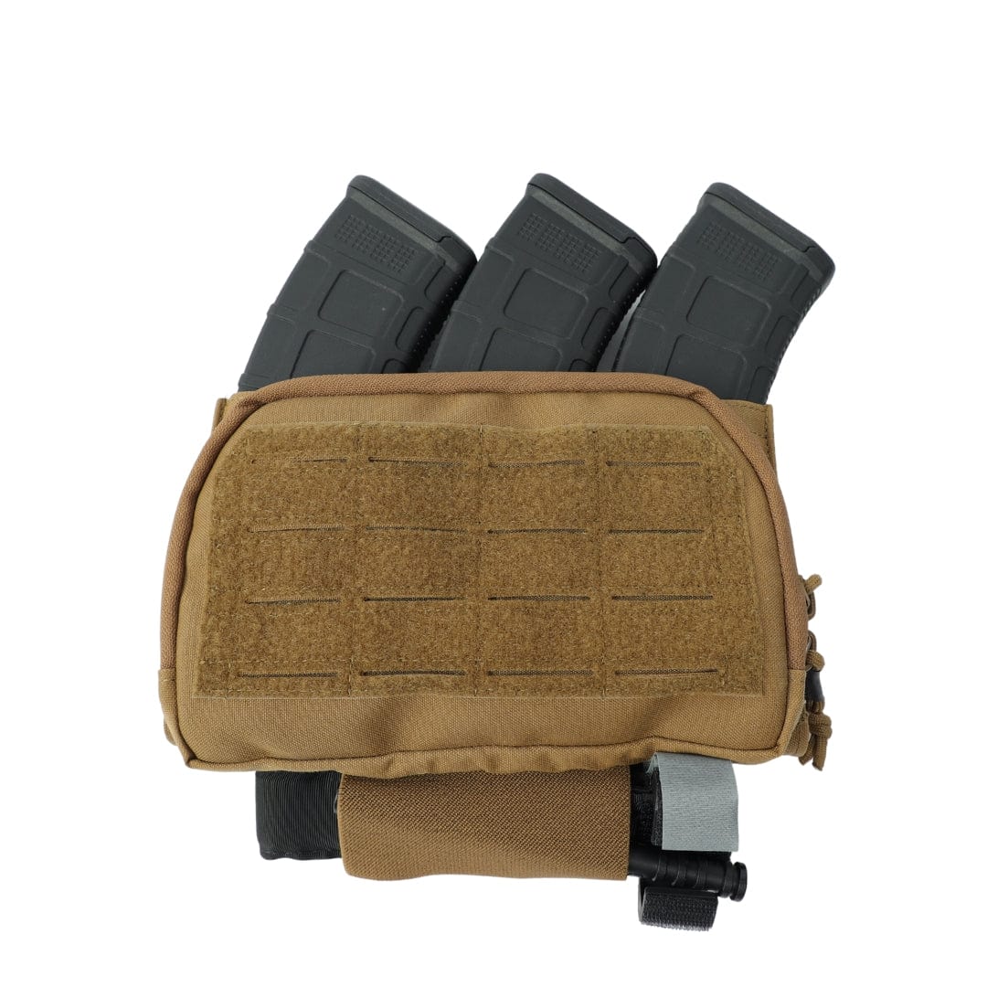 The Premier Body Armor Fortis Pro Placard (556/39) is a tan AR-15 mag pouch with Kydex retention, holding three black rifle mags and a black tourniquet below. A front Velcro panel lets you customize your placard setup.