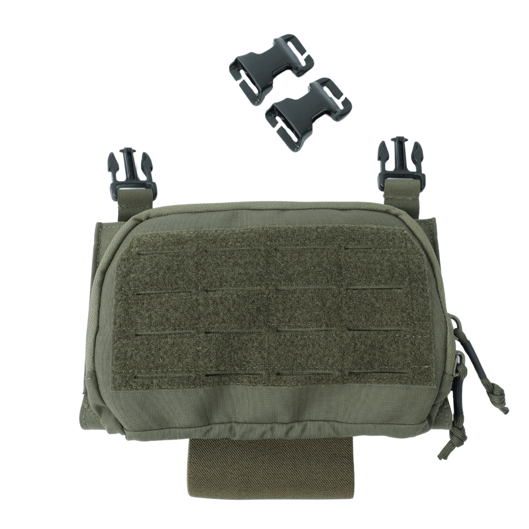 The Premier Body Armor Fortis Pro Placard (556/39) is a green tactical pouch with front MOLLE webbing, two black buckles on top plus two extra buckle pieces—perfect as an AR-15 magazine placard for secure Kydex mag retention, shown on a white background.