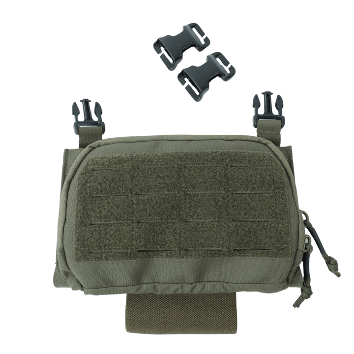 The Premier Body Armor Fortis Pro Placard (556/39) is a green tactical pouch with front MOLLE webbing, two black buckles on top plus two extra buckle pieces—perfect as an AR-15 magazine placard for secure Kydex mag retention, shown on a white background.