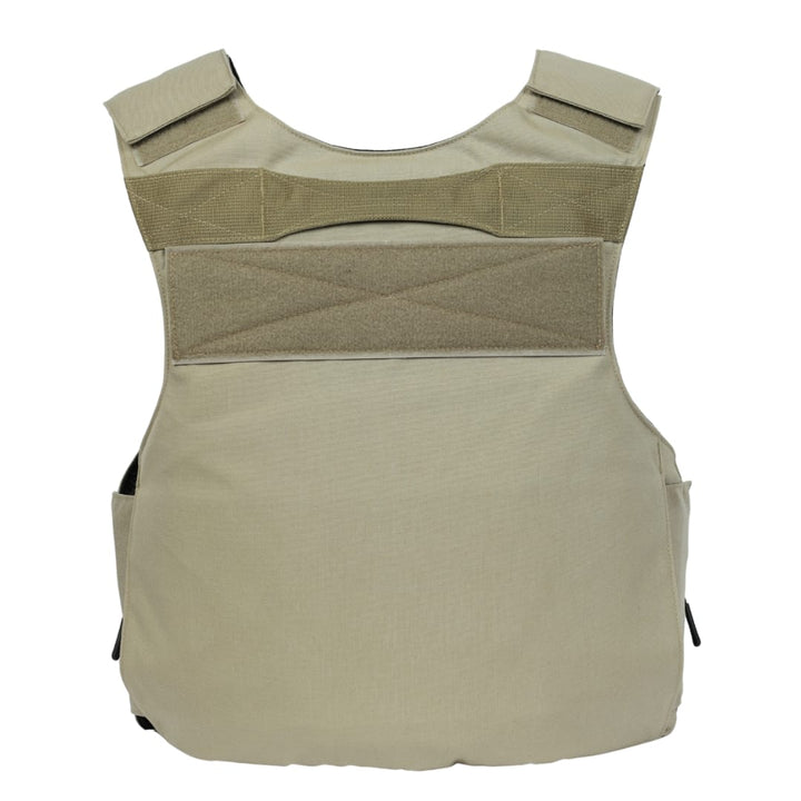 The Premier Body Armor Rapid Duty Vest, shown in tan on a white background, features Velcro straps and panels. Displayed from the back, it has rectangular padded sections and a streamlined external armor carrier design.