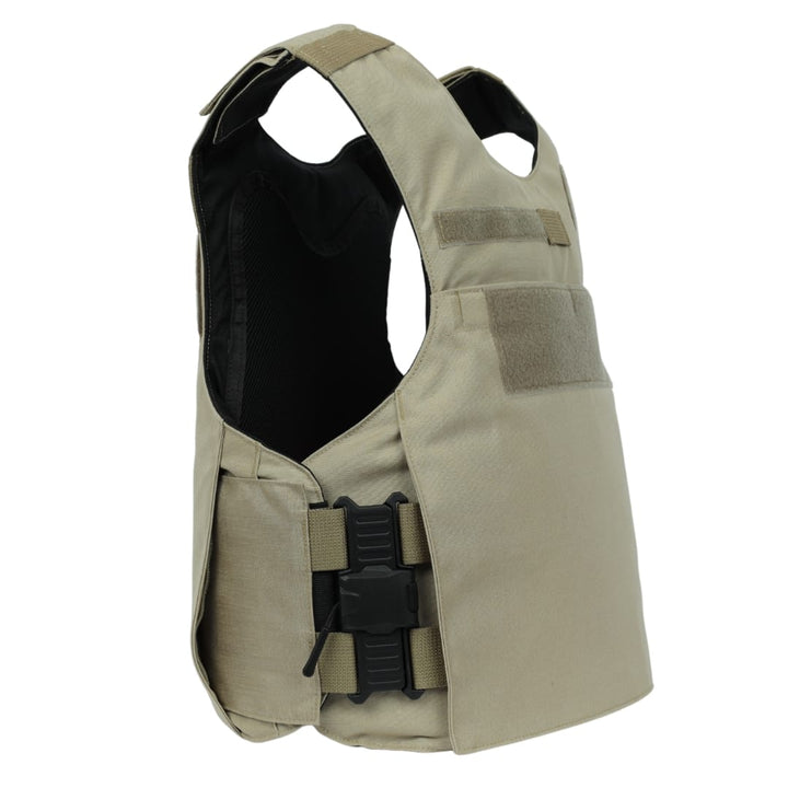 The Premier Body Armor Rapid Duty Vest is tan with black adjustable side straps and front buckles. Made from durable fabric, this external carrier offers a high neckline and gear loops for added attachments.