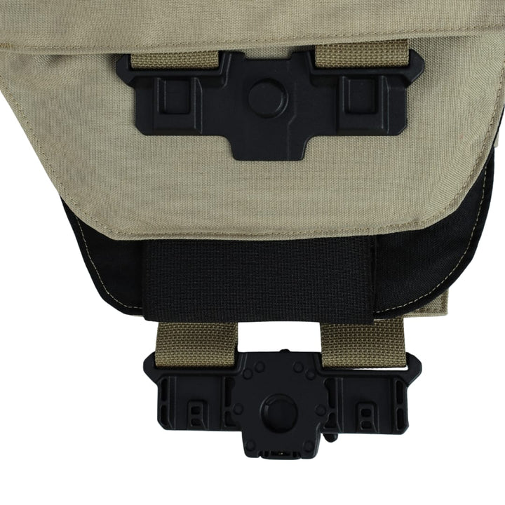 Close-up of the Premier Body Armor Rapid Duty Vest in beige, showing two black plastic buckles and green straps on the front flap, highlighting its secure closure mechanism.