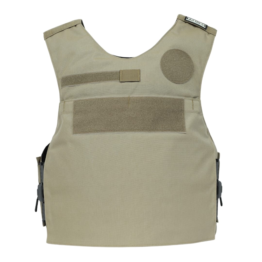 The Premier Body Armor Rapid Duty Vest in tan, featuring Velcro front patches and adjustable side straps as an external armor carrier, is laid flat on a white background.